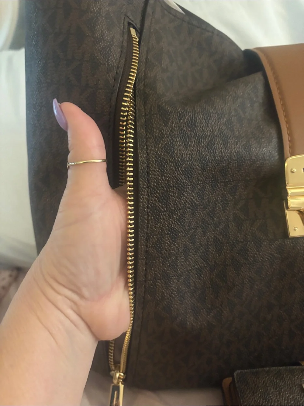 Michael Kors Brown Logo Shoulder Tote with Tan Trim and Gold Hardware